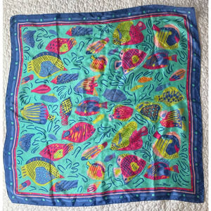 Ken Done Tropical Fish Silk Scarf Blue Teal Multicolor